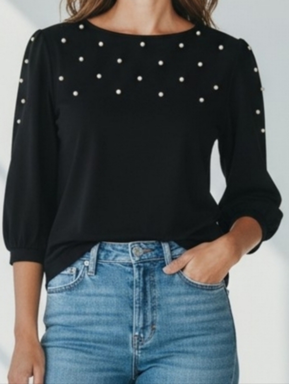 Ann Taylor Black Top with Pearl Accents